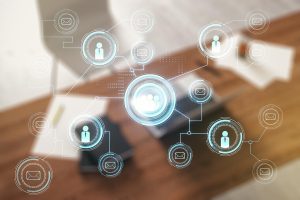 Social network concept and modern desktop with computer on background. Multiexposure